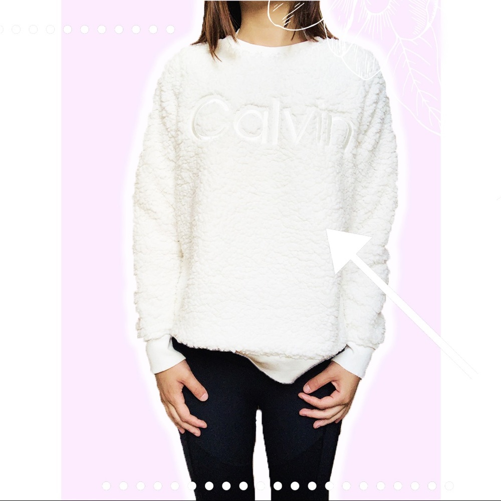 Calvin Klein white fuzzy teddy bear crewneck